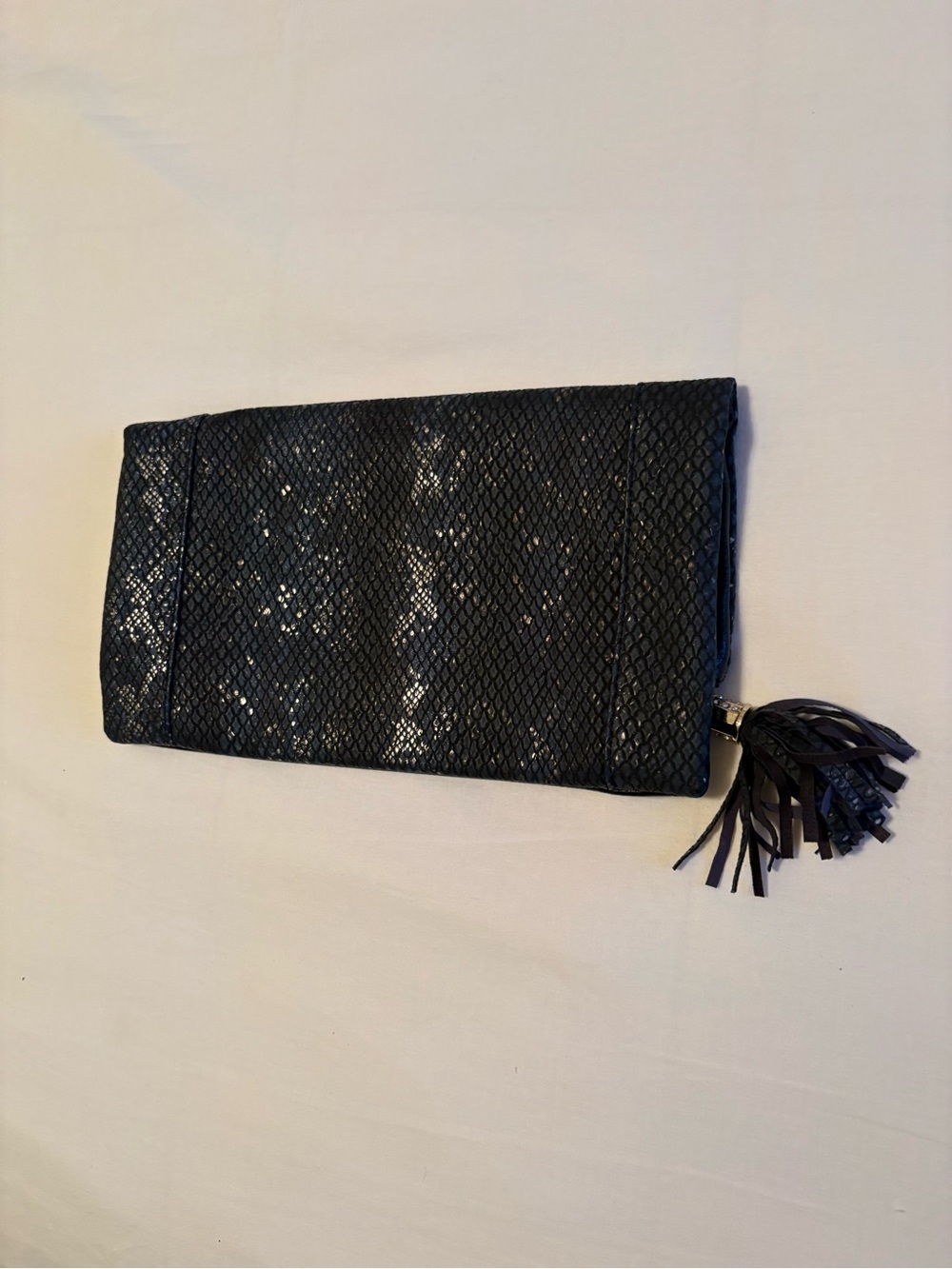 Navy Textured Foldover Clutch with Tassel - Picture 3 of 5